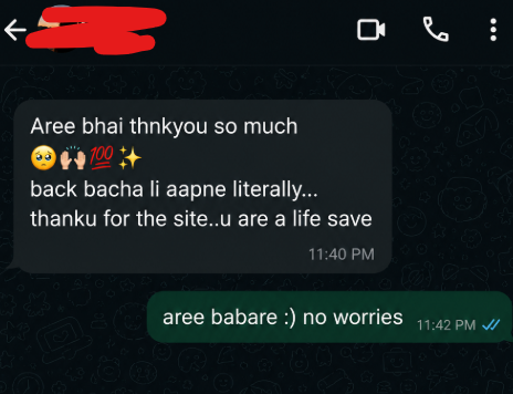 Anonymous WhatsApp message thanking Edu-Hub for exam help