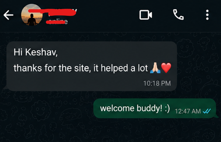 Anonymous WhatsApp message saying Edu-Hub helped a lot
